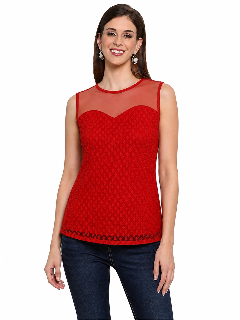 Luna Rae Red Sleeveless Mesh Lace Sweetheart Neck Stretch Top Blouse Women’s L